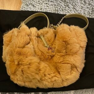 CHANEL Camel Faux Fur Shoulder Bag with Chain Detail